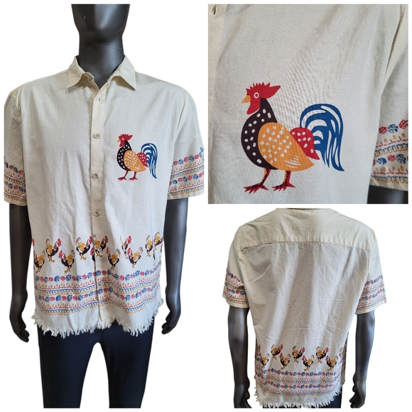 119B. ASOS Men's Cream Rooster Designed Shirt - Size Large - Picture 1 of 8